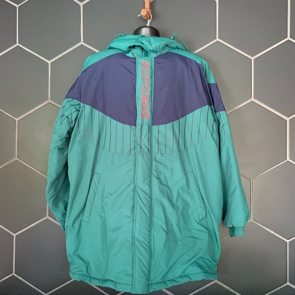 *Used Mens Supreme Green Navy Blue Zip Up Button Up Hooded Winter Jacket Size XL